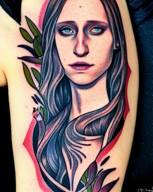 Prompt: beautiful woman Taissa Farmiga full sleeve tattoos and neck tattoo, symmetrical face, portrait, Charlie Bowater character art, cool color palette