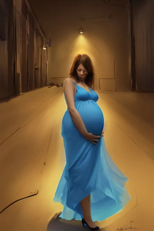 Image similar to pregnant woman in a short blue dress in night under street light, highly detailed, sharp focused, ultra realistic digital concept art by Nikolai Shurygin