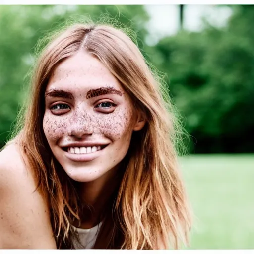 Image similar to a trending photo of over a million views from a female fashion model's instagram account, summer, freckles, smile, green eyes, natural, easygoing, healthy, nikon, leica, zeiss, 5 0 mm lens, flash fill, f 1. 8 depth of field