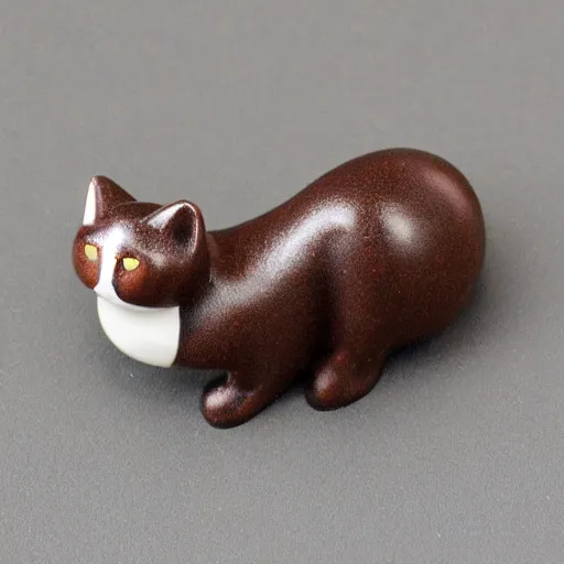 Image similar to elegant anthropomorphic cat figurine wearing a kimono, brown resin, toggles, very highly detailed, intricate, monotone, shy looking down