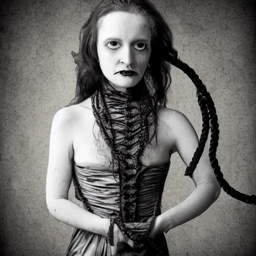 Image similar to dark schizophrenia portrait, death not dresses body woman in medieval dress, strangled with rope, blur effect face, victorian style, high detail