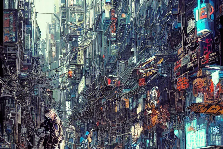 Image similar to a cyberpunk gang in the alleyway of a lofty city, gritty, cyberpunk ads, piping, cables, art deco architecture, graffiti, fine detail, intricate, polished, blue color scheme, digital art, illustration, by john smith and noriyoshi ohrai and tsutomu nihei