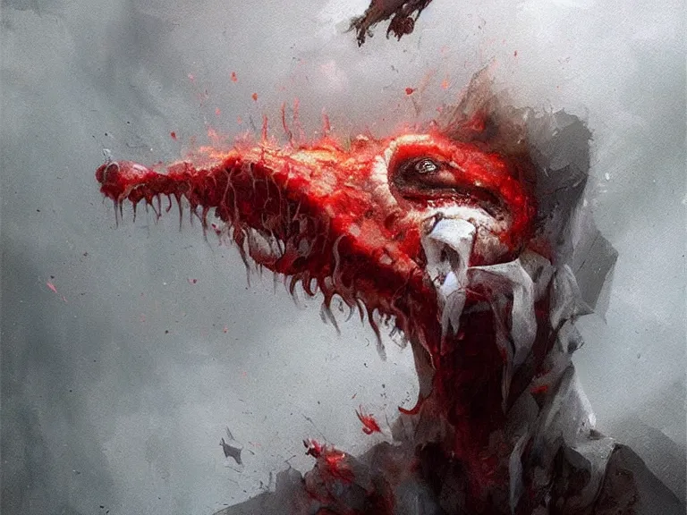 Image similar to painting by greg rutkowski a flying human head with tears running down it's face face that is chalk white in color, with long white!! tentacles!! coming out of the neck, fiery scorching red eyes, flying in a terrying hellish dark cavernous place