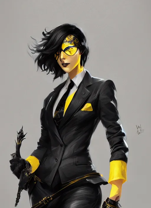 Image similar to a highly detailed illustration of beautiful short black messy haired woman wearing eyepatch and noir style suit and tie, yellow eyes, dramatic smiling pose, intricate, elegant, highly detailed, centered, digital painting, artstation, concept art, smooth, sharp focus, league of legends concept art, WLOP