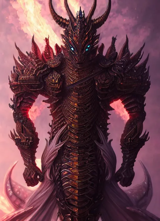 Image similar to muscular and tall ghostly fire humanoid dragon!!!! draconian!! intricate ornate iridescent heavy armor!! character concept art, sharp focus, octane render! unreal engine 5! highly rendered!! trending on artstation!! detailed linework!! illustration by artgerm, wlop, and chie yoshii