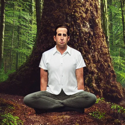 Prompt: Michael Scott meditate in forest, realistic photo, 90mm