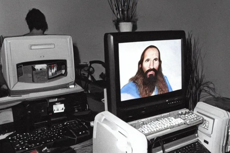 Image similar to a Photo made with a disposable camera of Jezus Christ playing a DOS game on his Personal Computer, in the year 1989