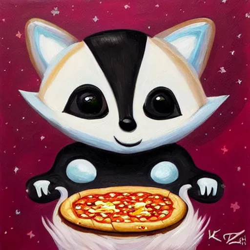 Prompt: an adorable and cute jeremiah ketner acrylic impasto! painting! of a crying, sad raccoon eating pizza