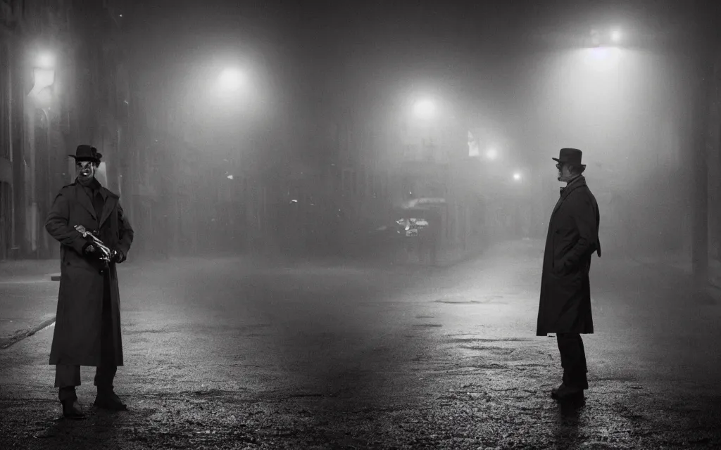 Image similar to A man in a trenchcoat holding a flashlight and armed with a ruby pistol in an early 20th century parisian street at night. Two cars are drifting around a shadow creature with their lights on. There is a thick fog covering the ground. A train station is visible in the background. 4k, digital art, dynamic, pulp, low angle shot, super wide shot, (fish eye).