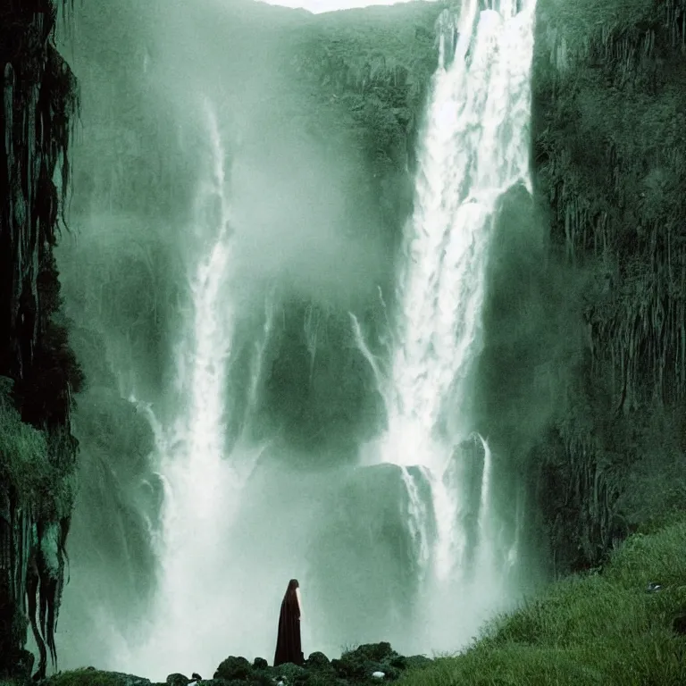 Image similar to dark and moody 1 9 8 0's artistic color spaghetti western film, a giant tall huge woman in an extremely long dress made out of waterfalls, standing inside a green mossy irish rocky scenic landscape, huge waterfall, volumetric lighting, backlit, atmospheric, fog, extremely windy, soft focus, by ansel adams and wes anderson