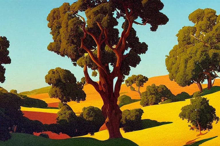 Prompt: masterpiece painting of california hills in the summer, by a. j. casson and john watkiss and edward okun and erin hanson and dan munford and maxfield parrish and j. c. leyendecker and andreas rocha, oak trees and dry grass, dramatic lighting