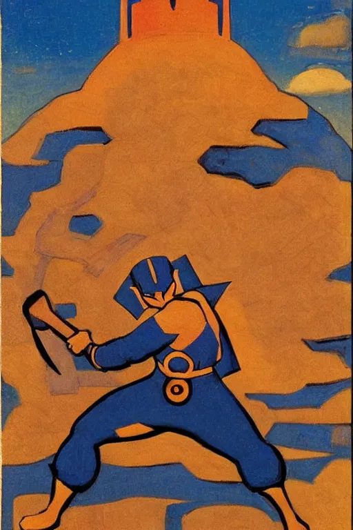 Image similar to thor with hammer, marvel, artwork by nicholas roerich,