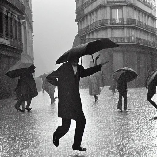 Image similar to the man leaping with an umbrella in a raining paris street, by henri cartier bresson,