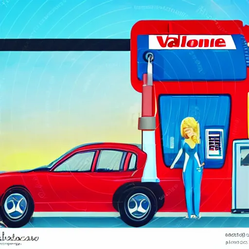 Image similar to petrol station expensive fuel blonde woman nice car cartoon style sunny weather wide shot surprised expression decent clothes valvoline gas