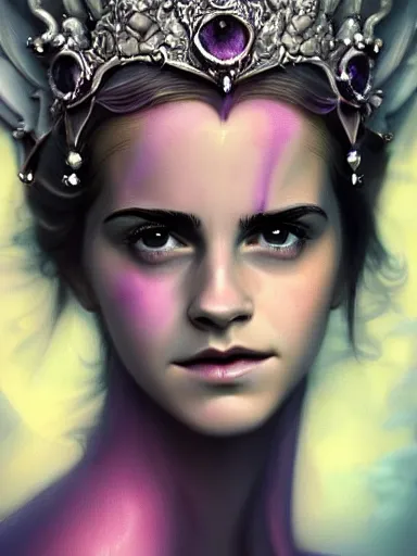 Prompt: portrait of beautiful female angel queen Emma Watson face wearing shiny pink crown, subtle purple accents, hyper details, black metal rococo, sculpted by Alex Alice, Craig Mullins, yoji shinkawa, trending on artstation, beautifully lit, Peter mohrbacher, hyper detailed, insane details, intricate, elite, elegant, luxury, ray of light through smoke, CGsociety, hypermaximalist, golden ratio, background urban cityscape, night, neofuture, volumetric, octane render, weta digital, micro details, 3d sculpture