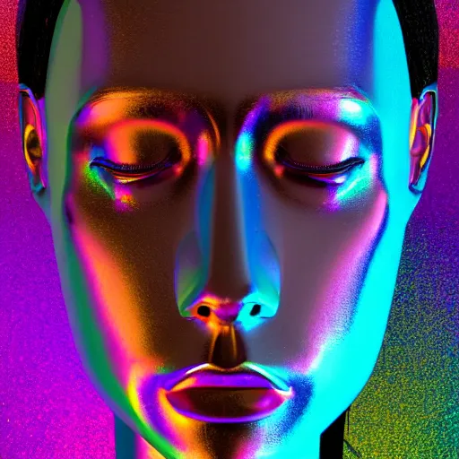 Image similar to 3d render of holographic human robotic head made of glossy iridescent, surrealistic 3d illustration of a human face non-binary, non binary model, 3d model human, cryengine, made of holographic texture, holographic material, holographic rainbow, concept of cyborg and artificial intelligence