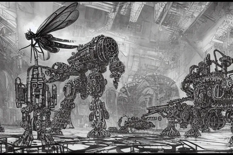 Image similar to dieselpunk mechs in shape of dragonfly that look like Dragonfly, inside an gigantic underground concrete doom hangar, interior structure, drains, storm drains, jungle, vines, algea, cables, panels, walls, ceiling, floor, doors, brutalist architecture, intricate ink drawing, highly detailed in the style of Ashley Wood, moebius and Tsutomu Nihei, photorealistic, cinematic, intricate detail, well lit,