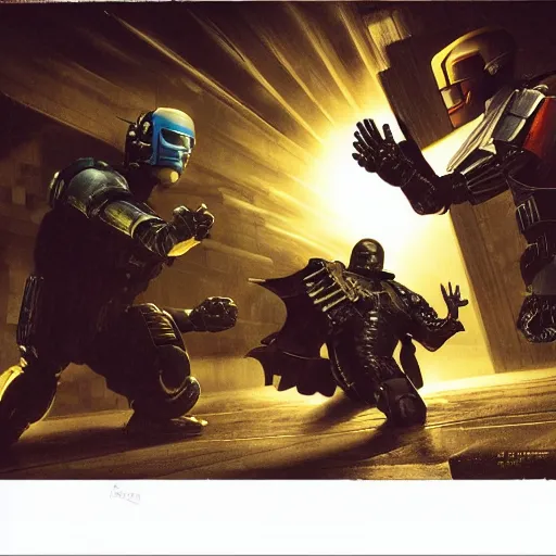 Image similar to robocop fighting judge dredd, epic fight scene, rim lighting, by agostino arrivabene