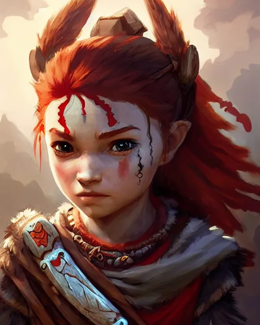 Prompt: cute little anthropomorphic kratos and aloy cute and adorable, pretty, beautiful, dnd character art portrait, matte fantasy painting, deviantart artstation, god of war, horizon zero dawn, by jason felix by steve argyle by tyler jacobson by peter mohrbacher