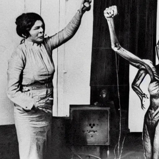 Image similar to Photo, A woman stand next to an alien, The woman raises her fist in the air, threatening the alien. The alien is in pain.