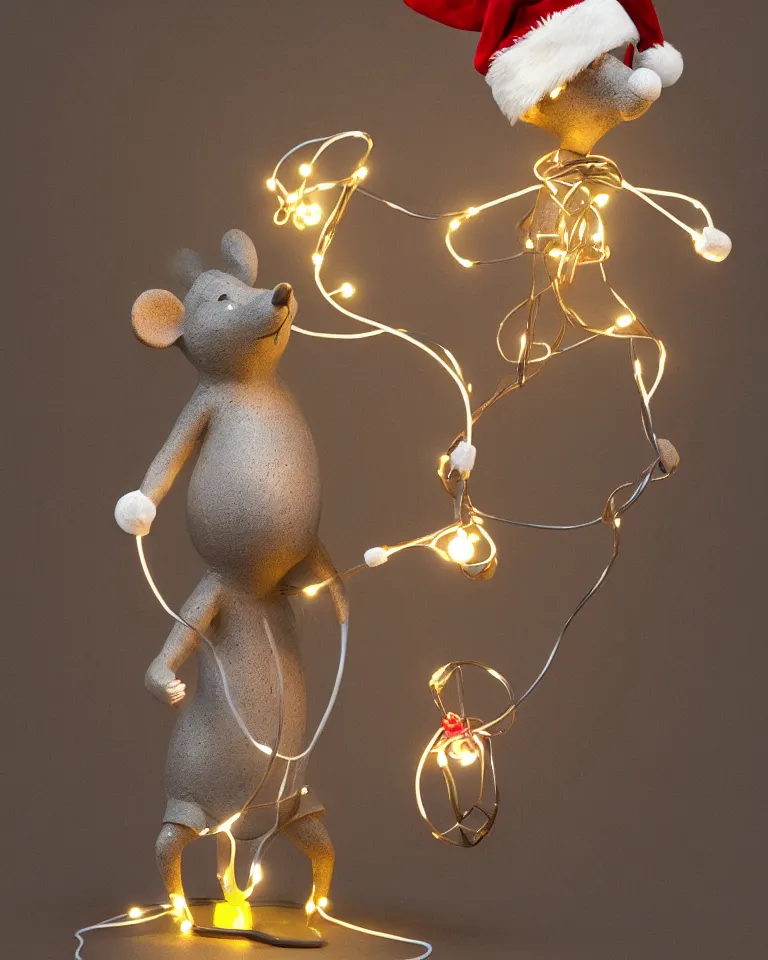 Prompt: a statue of a proud mouse standing on two legs and holding a round bell made of christmas lights and wire, trending on artstation, sigma 5 0, hyper realisitic