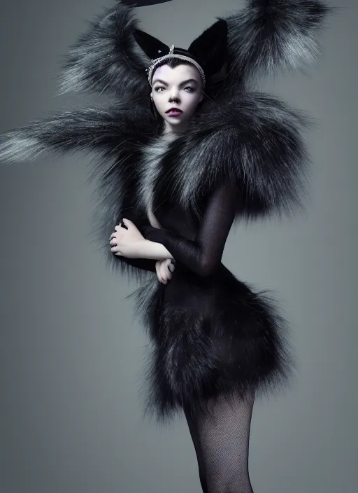 Prompt: full body environmental portrait photo of dressed anya taylor - joy as catgirl, headpiece made from fur, glamour shot by gemmy woud - binnendijk, chris knight, photorealistic, canon r 3, fashion photography, elegant, luxury and elite, symmetry, octane render, unreal engine, solid dark grey background, dramatic lights, high fashion journal cover