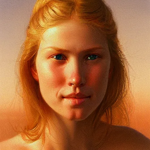 Prompt: Facial portrait of a cute shy woman, looking away from the camera, awkward smile, mouth slightly open, lips slightly parted, long blond hair, no hands visible,, intricate, extremely detailed painting by Henry Justice Ford and by Greg Rutkowski and by Moebius, golden hour