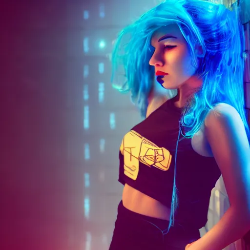 Prompt: cyberpunk young woman with blue hair and cybernetic leg implants smoking and leaning against a wall lit in neon