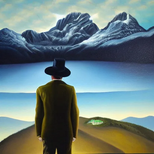 Prompt: surreal painting from a man with a hat in front of mountains