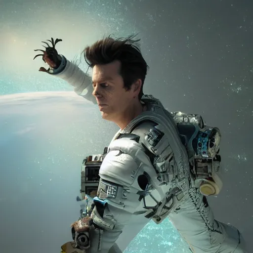 Image similar to hyperrealistic film still of ace ventura hiding in space, dead space, stunning 3 d render, inspired by istvan sandorfi & greg rutkowski & unreal engine, perfect symmetry, dim volumetric cinematic lighting, 8 k octane comprehensive render, extremely hyper - detailed, incredibly lifelike attributes, intricate, real flesh texture, masterpiece, artstation, stunning,