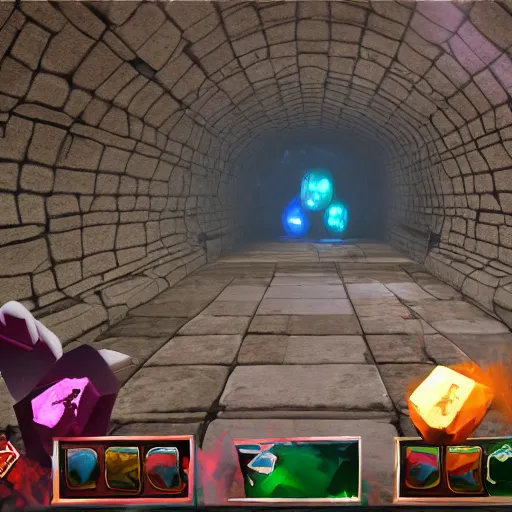 Prompt: screenshot of a game where you navigate through catacombs to collect gemstones Unreal Engine