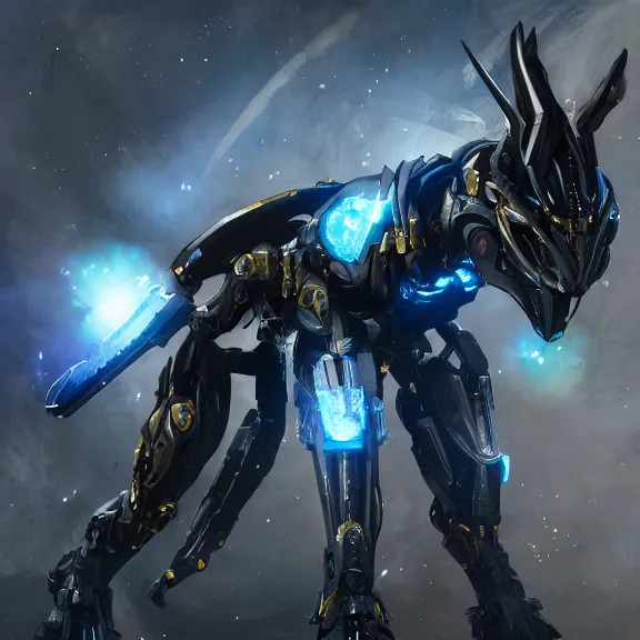 Image similar to cinematic shot, 35 foot tall detailed beautiful handsome quadrupedal robot mecha dragon, sharp edged black armor, gold accents, sleek blue visor for eyes, four legs, walking in busy neon city streets, sharp claws, epic shot, highly detailed art, sci fi, furry, 3D realistic, warframe fanart, destiny fanart, furry art, dragon art, feral art, macro art, furaffinity, DeviantArt, sofurry