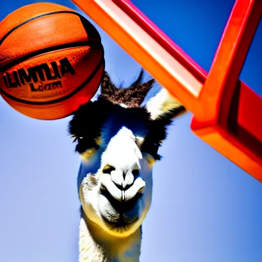 Image similar to a photo of a llama dunking a basketball, 4 k, photography, high resolution