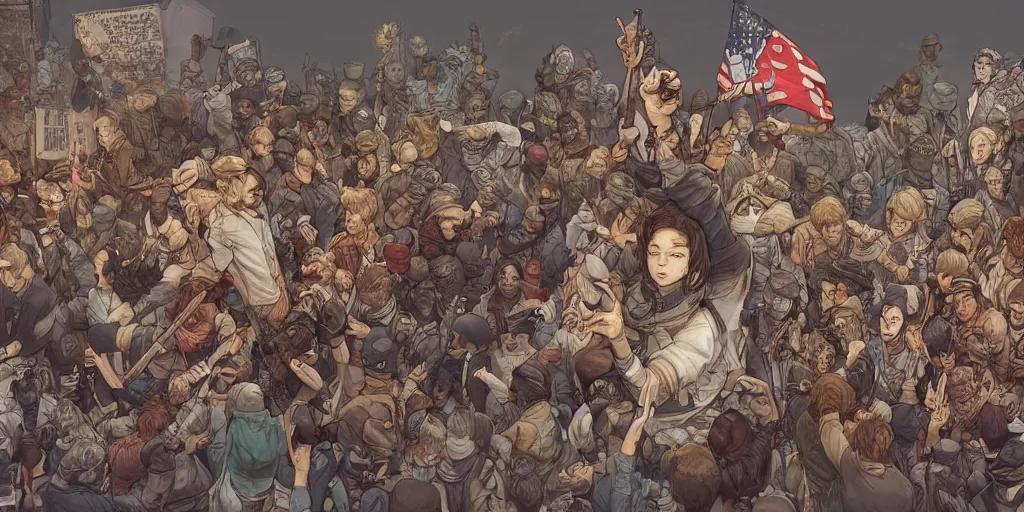 Image similar to i am happy to join with you today in what will go down in history as the greatest demonstration for freedom in the history of our nation. ultrafine detailed colored illustration by kim jung gi, james jean, intricate linework, sharp focus, octopath traveler, final fantasy, unreal engine highly rendered, global illumination, radiant light, intricate environment