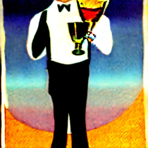 Image similar to a man holding a martini with an otter swimming in it while the otter gives a thumbs up in a 1 9 2 0 s advertisement poster