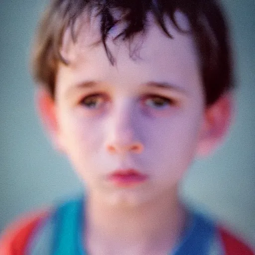 Prompt: A 4x5 portrait of a boy, who is dishevelled and beaten down, a million-mile stare, bokeh, depth of field, pastel colours overlap, grainy, rule of thirds