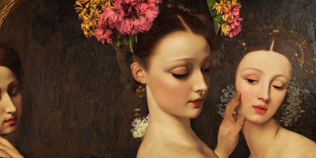 Image similar to a portrait of a very beautiful goddess with a halo behind her head, seductively looking in front, closeup, beautiful aesthetic face, in the style of Caravaggio and Vermeer and Gustav Klimt, realistic, dark, dramatic lighting, large flowers in the background