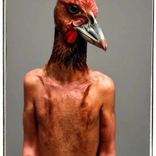 Image similar to chicken headed human, mugshot