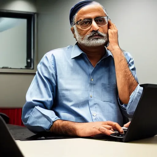 Image similar to Inderjit gill sitting at a computer looking lost, photograph, high quality