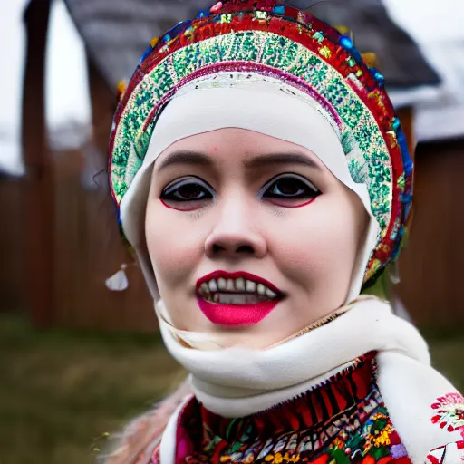 Prompt: ethnographic portraiture photograph of an extremely beautiful!!!! young blonde woman with symmetric face. wearing traditional greenlandic national dress. in front of her house. petzval lens. shallow depth of field. on flickr, award winning. national geographic