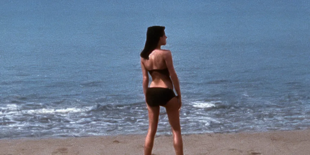 Prompt: color film still, view from behind, a woman in black bikini standing on the beach ; alien 2 ( 1 9 8 6 )