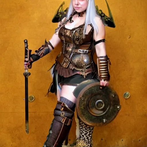 Prompt: full body photo of a female steampunk Valkyrie warrior