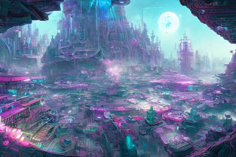 Image similar to a psychedelic city at the edge of existence where intensely creative astral beings live, in the style of wlop, illustration, epic, fantasy, hyper detailed, smooth, unreal engine, sharp focus, ray tracing