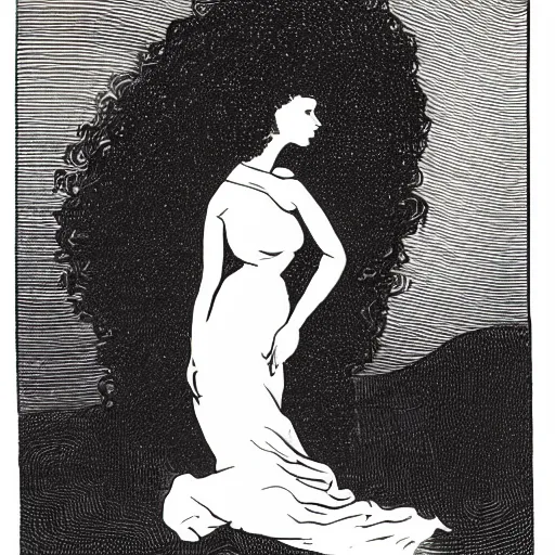 Image similar to a black and white drawing of the silhouette of a woman with long curly tied hair using a dress