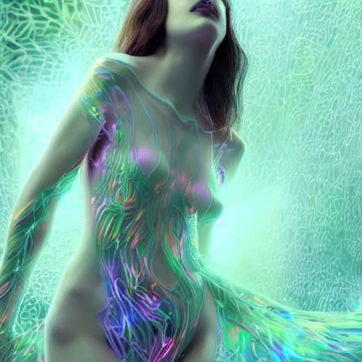 Prompt: a highly detailed digital image of an elegantly posed futuristic woman beautifully intertwined in chromatic liquid like leaves, full body shot, by Andrew Chiampo, artstation, and Frederik Heyman, extremely detailed woman, stunning volumetric lighting, hyper realism, fantasy 4k