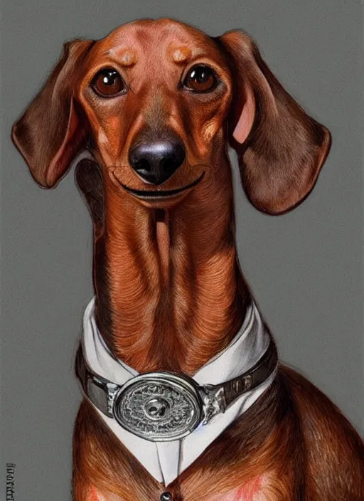 Image similar to dachshund with a monocle and a raised highbrow | sophisticated clothing | highly detailed | very intricate | elaborate outfit | symmetrical | cinematic lighting | award - winning | closeup portrait | painted by donato giancola and mandy jurgens and charlie bowater | featured on artstation