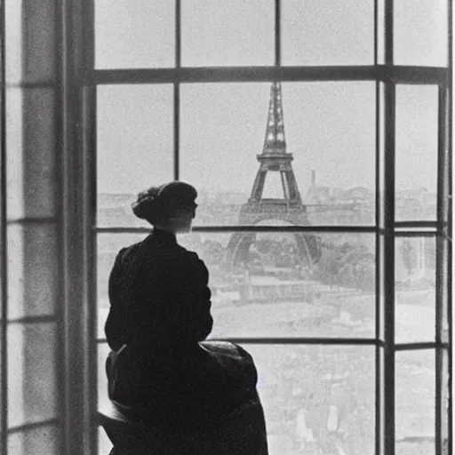 Image similar to a young edwardian woman sits in a window overlooking paris with the eiffel tower visible in the background, the moon is behind the eiffel tower, it's nighttime