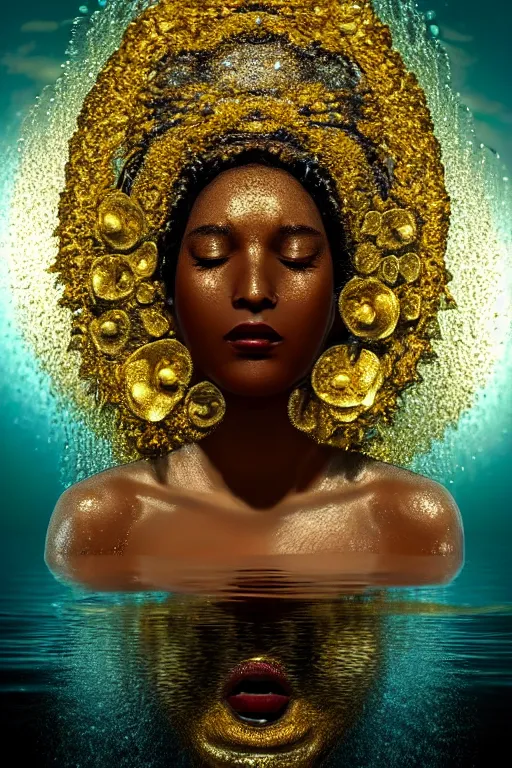 Prompt: hyperrealistic neo - classical cinematic very expressive! black oshun goddess, white eyes, body in water, mirror dripping droplet!, gold flowers, highly detailed face, digital art masterpiece, smooth eric zener cam de leon dramatic pearlescent teal light, ground angle uhd 8 k, sharp focus