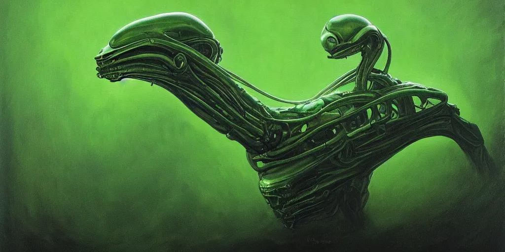 Image similar to a painting of a alien creature with a green background, an ultrafine detailed painting by h. r. giger, artstation, space art, reimagined by industrial light and magic, # vfxfriday, cosmic horror