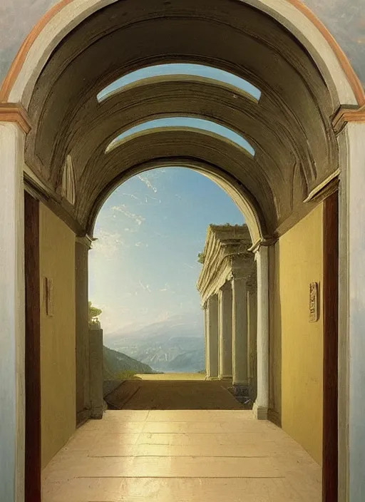 Image similar to a thomas cole painting of a hallway with round arches decorated by wes anderson